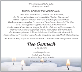 Traueranzeige von Ilse Oemisch von Mitteldeutsche Zeitung Sangerhausen