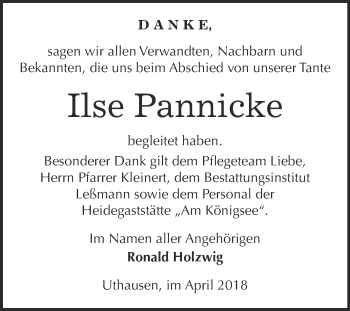 Traueranzeige von Ilse Pannicke von WVG - Wochenspiegel Wittenberg