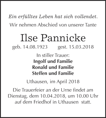 Traueranzeige von Ilse Pannicke von WVG - Wochenspiegel Wittenberg