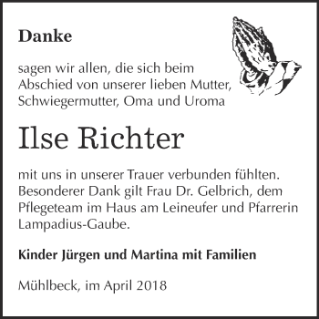 Traueranzeige von Ilse Richter von WVG - Wochenspiegel Bitterfeld