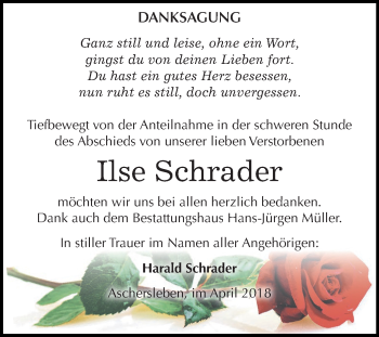 Traueranzeige von Ilse Schrader von Mitteldeutsche Zeitung Aschersleben
