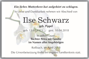 Traueranzeige von Ilse Schwarz von WVG - Wochenspiegel Merseburg