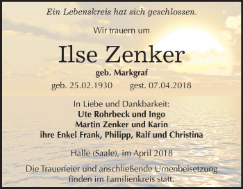 Traueranzeige von Ilse Zenker von Mitteldeutsche Zeitung Halle/Saalkreis