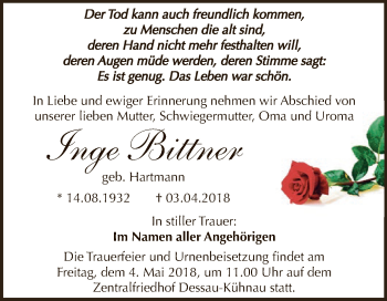Traueranzeige von Inge Bittner von WVG - Wochenspiegel Dessau / Köthen
