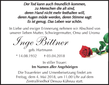 Traueranzeige von Inge Bittner von Mitteldeutsche Zeitung Dessau-Roßlau
