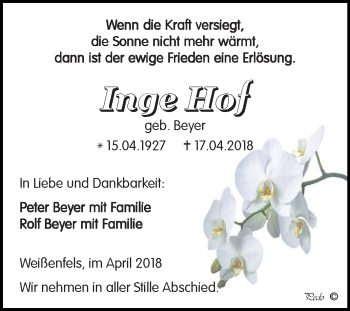 Traueranzeige von Inge Hof von Mitteldeutsche Zeitung Weißenfels