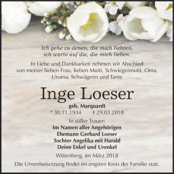 Traueranzeige von Inge Loeser von WVG - Wochenspiegel Wittenberg