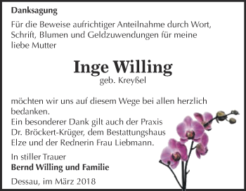 Traueranzeige von Inge Willing von WVG - Wochenspiegel Dessau / Köthen