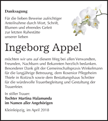 Traueranzeige von Ingeborg Appel von Mitteldeutsche Zeitung Bitterfeld