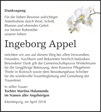 Traueranzeige von Ingeborg Appel von WVG - Wochenspiegel Bitterfeld