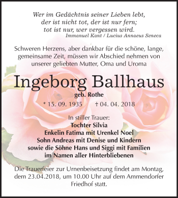 Traueranzeige von Ingeborg Ballhaus von Mitteldeutsche Zeitung Halle/Saalkreis