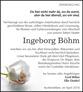 Traueranzeige von Ingeborg Böhm von Mitteldeutsche Zeitung Aschersleben