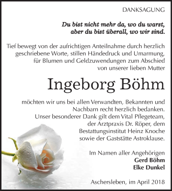 Traueranzeige von Ingeborg Böhm von Super Sonntag Aschersleben