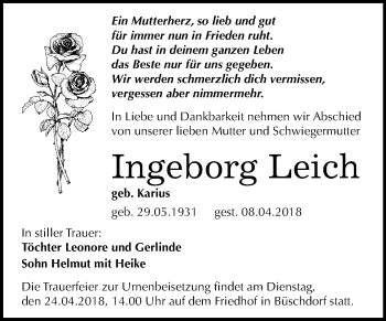 Traueranzeige von Ingeborg Leich von Mitteldeutsche Zeitung Halle/Saalkreis