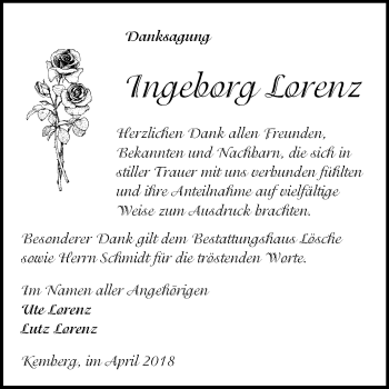 Traueranzeige von Ingeborg Lorenz von Mitteldeutsche Zeitung