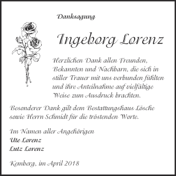 Traueranzeige von Ingeborg Lorenz von Super Sonntag Wittenberg