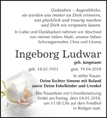 Traueranzeige von Ingeborg Ludwar von Mitteldeutsche Zeitung Bitterfeld