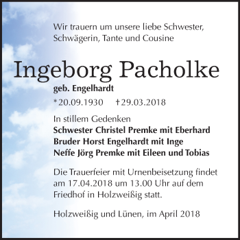 Traueranzeige von Ingeborg Pacholke von Mitteldeutsche Zeitung Bitterfeld