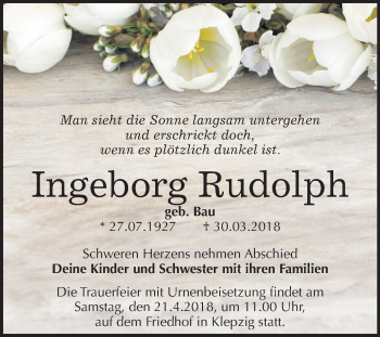 Traueranzeige von Ingeborg Rudolph von Mitteldeutsche Zeitung Halle/Saalkreis