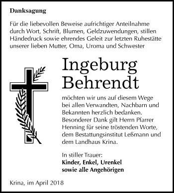 Traueranzeige von Ingeburg Behrendt von WVG - Wochenspiegel Bitterfeld