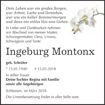 Traueranzeige von Ingeburg Montonx von WVG - Wochenspiegel Wittenberg