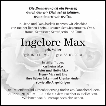 Traueranzeige von Ingelore Max von Super Sonntag SGH Mansf. Land