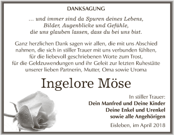 Traueranzeige von Ingelore Möse von Wochenspiegel Mansfelder Land