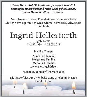 Traueranzeige von Ingrid Hellerforth von Wochenspiegel Mansfelder Land