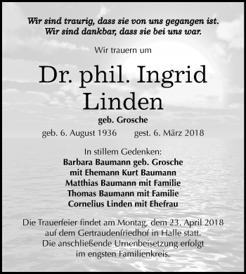 Traueranzeige von Ingrid Linden von Mitteldeutsche Zeitung Halle/Saalkreis