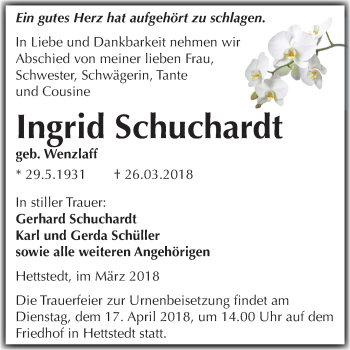Traueranzeige von Ingrid Schuchardt von Mitteldeutsche Zeitung