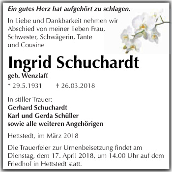 Traueranzeige von Ingrid Schuchardt von Wochenspiegel Mansfelder Land