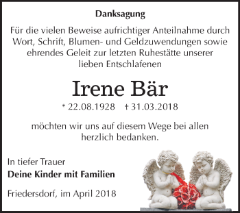 Traueranzeige von Irene Bär von Mitteldeutsche Zeitung Bitterfeld