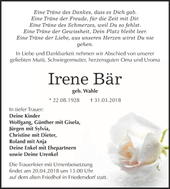 Traueranzeige von Irene Bär von WVG - Wochenspiegel Bitterfeld
