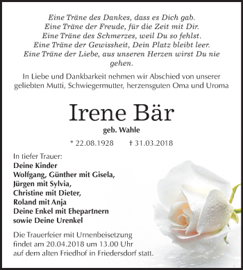 Traueranzeige von Irene Bär von Mitteldeutsche Zeitung Bitterfeld