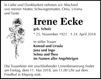 Traueranzeige von Irene Ecke von Mitteldeutsche Zeitung Halle/Saalkreis