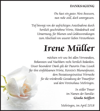 Traueranzeige von Irene Müller von Mitteldeutsche Zeitung Aschersleben