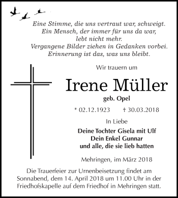 Traueranzeige von Irene Müller von Super Sonntag Aschersleben
