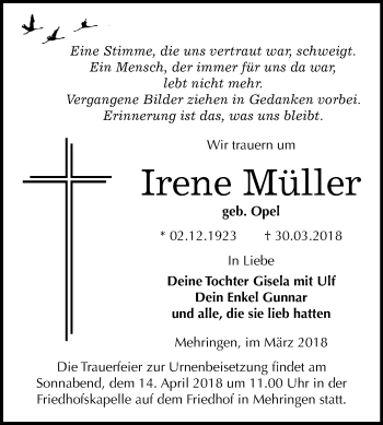 Traueranzeige von Irene Müller von Mitteldeutsche Zeitung Aschersleben