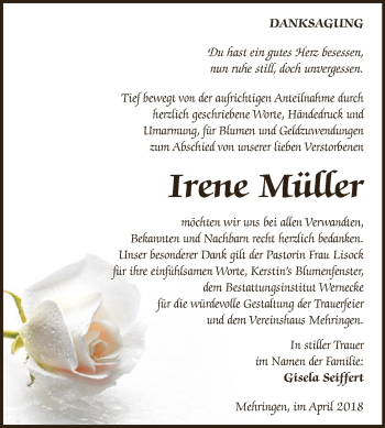 Traueranzeige von Irene Müller von Super Sonntag Aschersleben