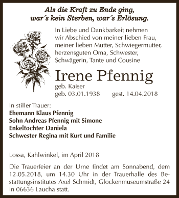 Traueranzeige von Irene Pfennig von WVG - Wochenspiegel NMB / WSF / ZTZ