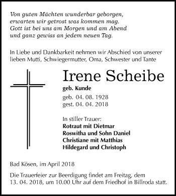 Traueranzeige von Irene Scheibe von Mitteldeutsche Zeitung