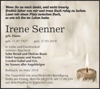 Traueranzeige von Irene Senner von WVG - Wochenspiegel Merseburg