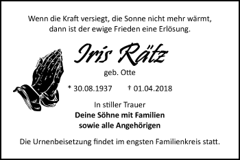 Traueranzeige von Iris Rätz von Mitteldeutsche Zeitung Bitterfeld