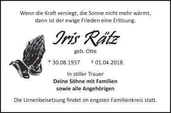 Traueranzeige von Iris Rätz von WVG - Wochenspiegel Bitterfeld