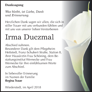 Traueranzeige von Irma Duczmal von Mitteldeutsche Zeitung