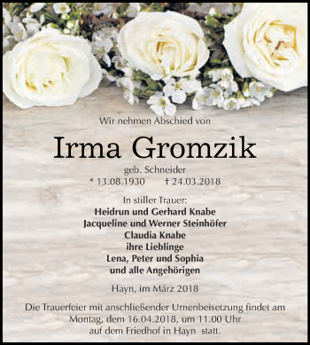 Traueranzeige von Irma Gromzik von Super Sonntag SGH Mansf. Land