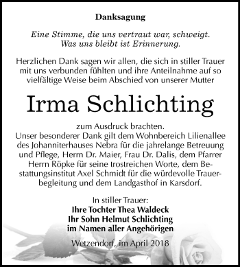Traueranzeige von Irma Schlichting von Mitteldeutsche Zeitung