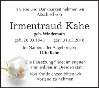 Traueranzeige von Irmentraud Kahe von Mitteldeutsche Zeitung Quedlinburg