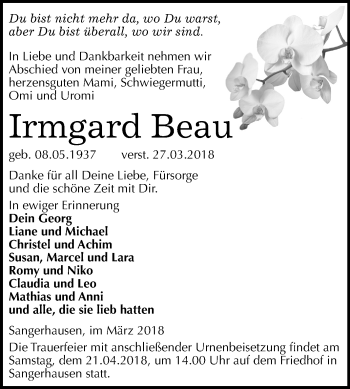 Traueranzeige von Irmgard Beau von Mitteldeutsche Zeitung Sangerhausen