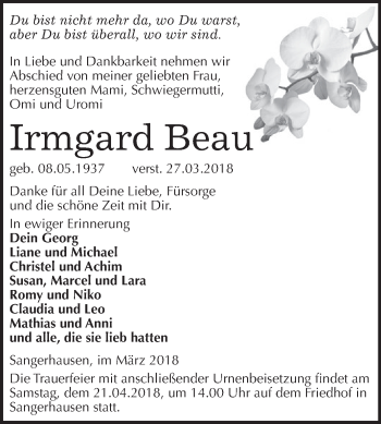 Traueranzeige von Irmgard Beau von Super Sonntag SGH Mansf. Land